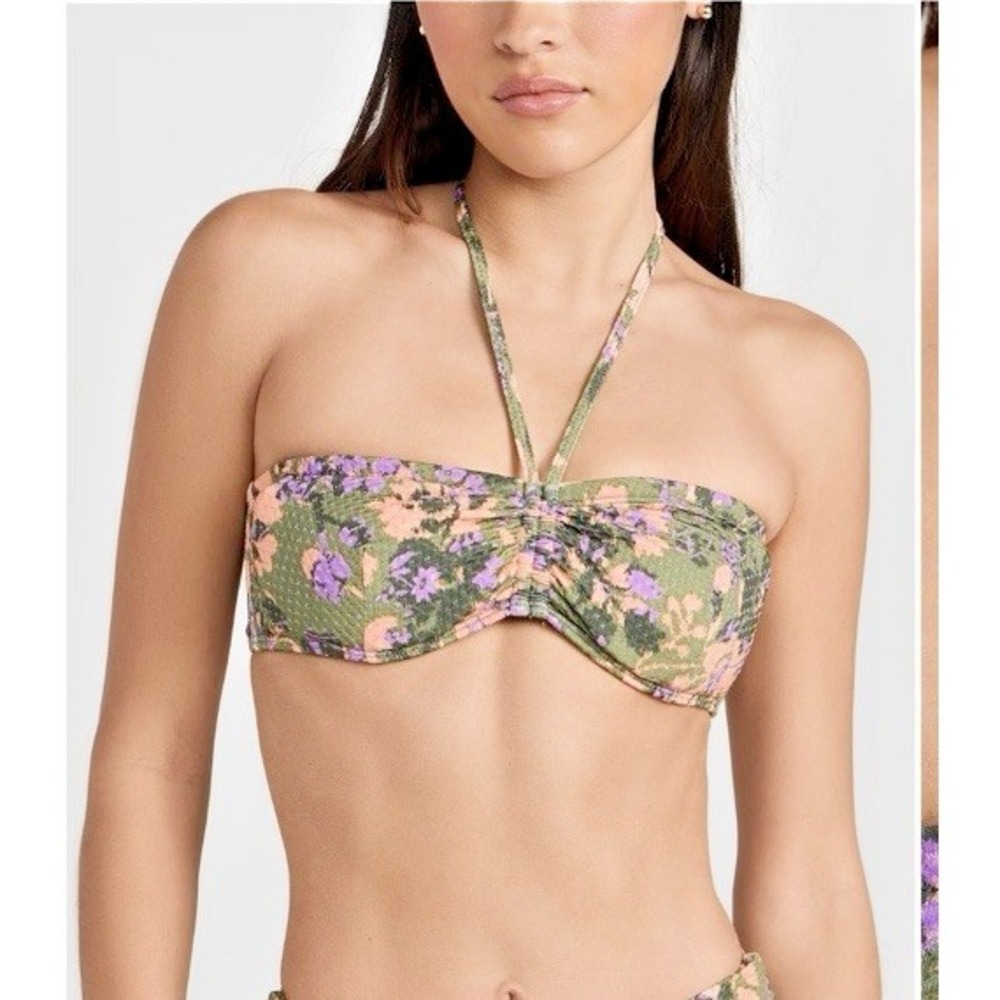 Shoshanna Size US DD Floral‎ Metallic Cinched Bandeau Bikini Top Olive Lavender